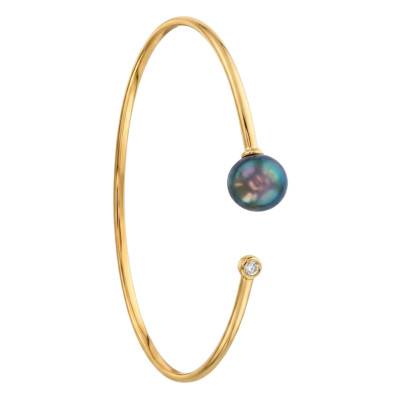 Bracelet Jonc Ouvert en Or Jaune 750 & Perle de Tahiti 8/10 mm, Longueur de 16 cm à 17 cm, Largeur 1,50 mm - Négoce-îles