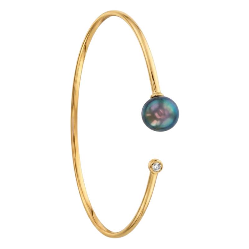 Bracelet Jonc Ouvert en Or Jaune 750 & Perle de Tahiti 8/10 mm, Longueur de 16 cm à 17 cm, Largeur 1,50 mm - Négoce-îles