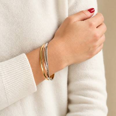 Bracelet Demi Joncs Plats Entrelacés en 3 Ors 750, Diamètre 63 mm, Largeur de 2,40 mm à 6 mm - Emanessence