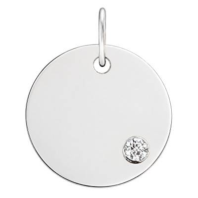 Médaille Ronde à Graver en Or Blanc 375 & Diamant 0,01 ct, Diamètre 15 mm - Diamond Lady
