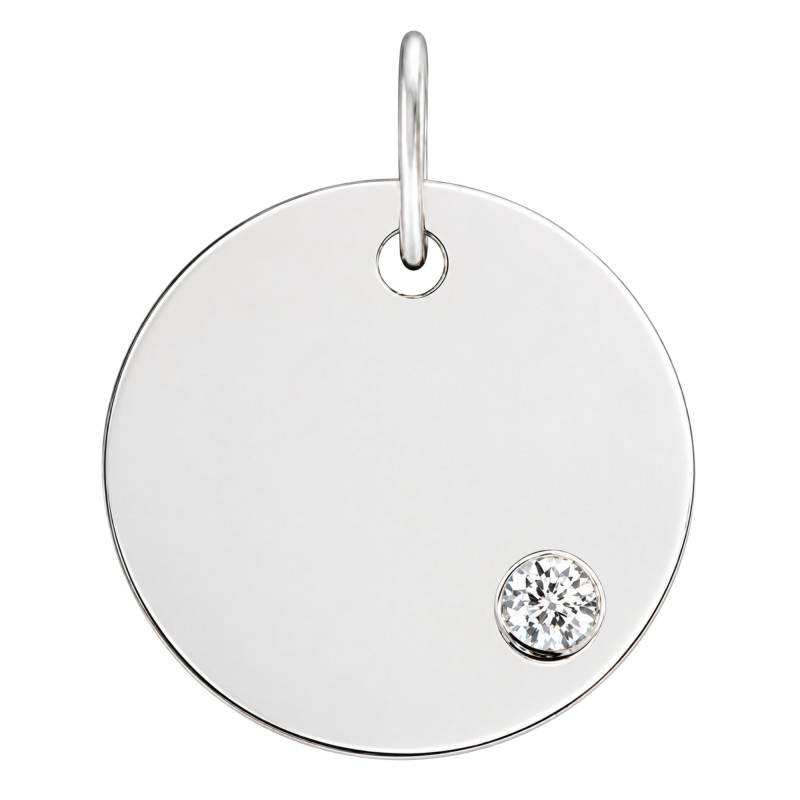 Médaille Ronde à Graver en Or Blanc 375 & Diamant 0,01 ct, Diamètre 15 mm - Diamond Lady