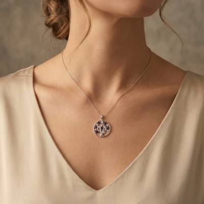 Pendentif Arbre en Or Blanc 375 ou 750 & Diamants et Saphirs, Diamètre 20 mm - Aurora