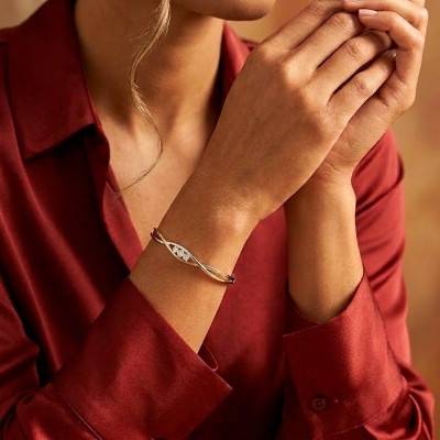 Gold-Plated and Rhodium-Plated Metal Hinged Cuff Bracelet with 3 Cubic Zirconia, 58 x 46 mm - Naïades