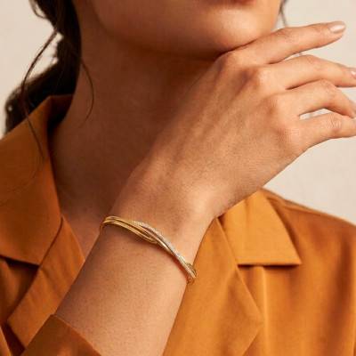 Gold-Plated and Rhodium-Plated Metal Hinged Cuff Bracelet with Cubic Zirconia, 60 x 50 mm - Naïades