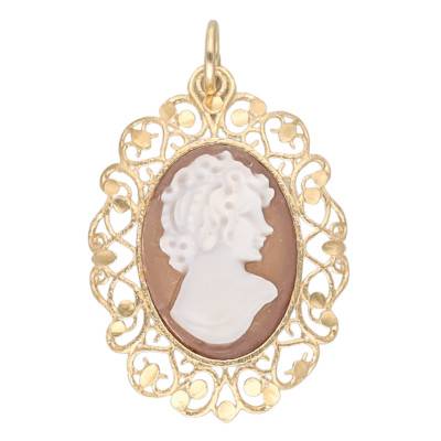 Pendentif Camée Marron Visage Femme de Profil en Argent Doré - Emanessence