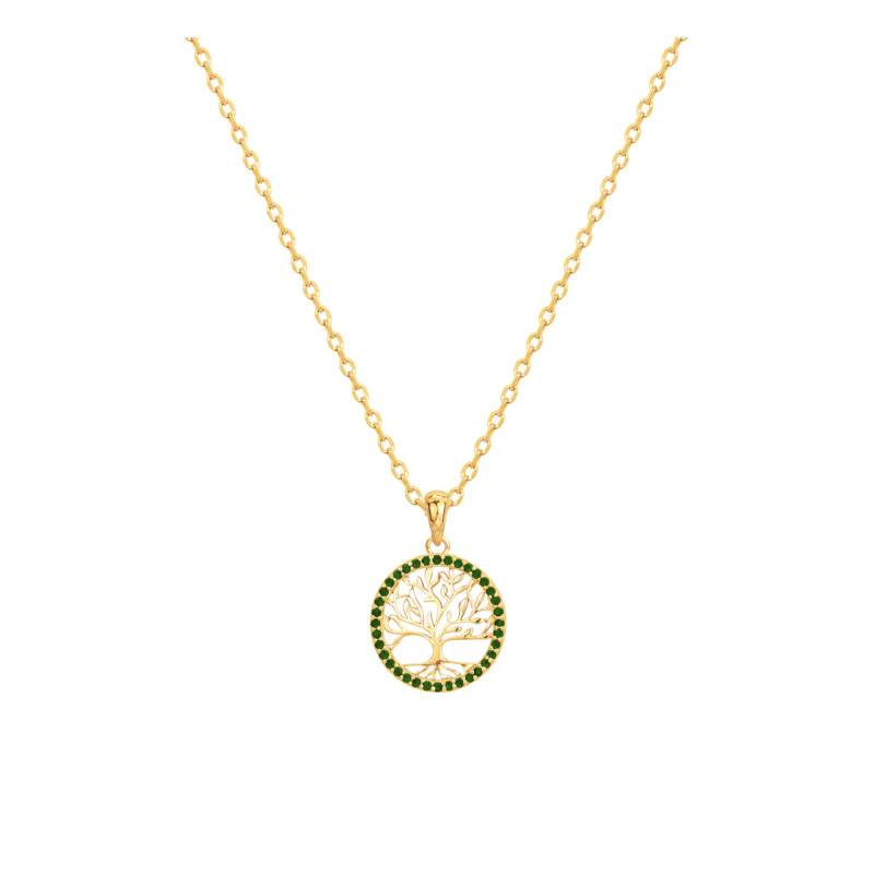 Gold-Plated Tree of Life Necklace with Emerald-Green Cubic Zirconia, Adjustable 42 cm Length - Naïades