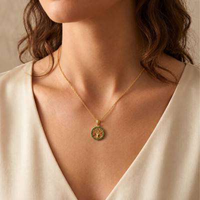 Collier Arbre de Vie en Plaqué or & Oxydes Vert Emeraude, Longueur 42 cm Ajustable - Naïades
