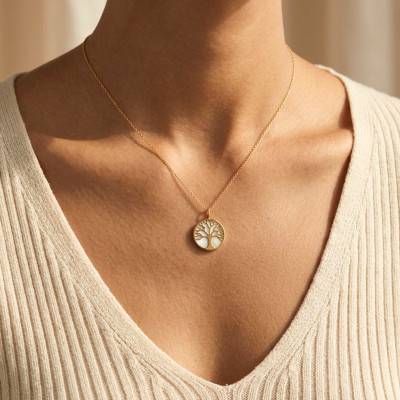 Médaille Arbre de Vie en Or Jaune 375 ou 750 & Nacre, Diamètre 20 mm - Lumiosa
