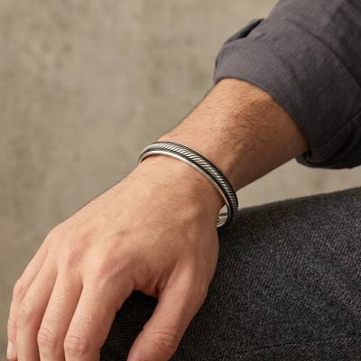 Bracelet Jonc Ouvert Twist en Argent 925 et Cuir, Largeur 5,30 mm - Emanessence