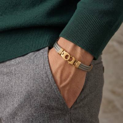 Steel and 750/1000 Yellow Gold Bangle Bracelet with Handcuff Clasp, Length 21 cm - Emanessence