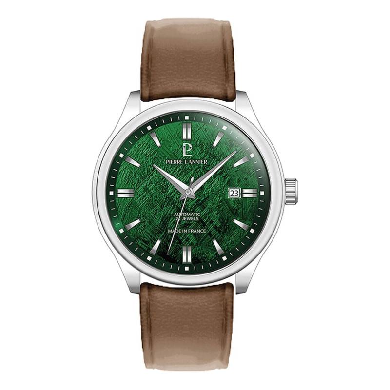 Montre Automatique Homme VELIN Argent‚ Cadran Vert Bracelet Cuir Brun 20MM - R‚f. 311F174 - Pierre Lannier