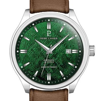 Montre Automatique Homme VELIN Argent‚ Cadran Vert Bracelet Cuir Brun 20MM - R‚f. 311F174 - Pierre Lannier