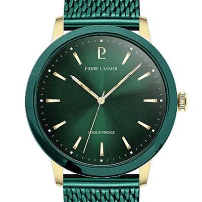 Montre Quartz Homme INTERVAL Dor‚ Cadran Soleill‚ Vert Bracelet Acier milanais Vert 20MM - R‚f. 256G279 - Pierre Lannier