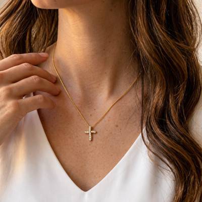 375 Yellow Gold and Cubic Zirconia Twisted Cross Pendant, 19 x 12 mm - Lumiosa