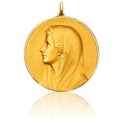750/1000 Yellow Gold Round Veiled Virgin Medal, Diameter 10 mm to 28 mm - Becker