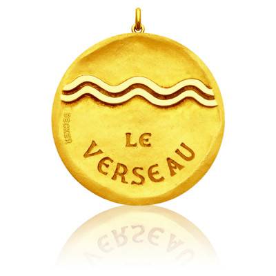 750/1000 Yellow Gold Aquarius Zodiac Sign Medal, Diameter 15 mm to 22 mm - Becker
