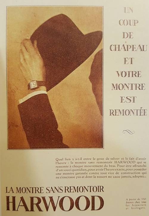 Publicité ancienne pour montre automatique Harwood (Source : Paul Bouyssou)