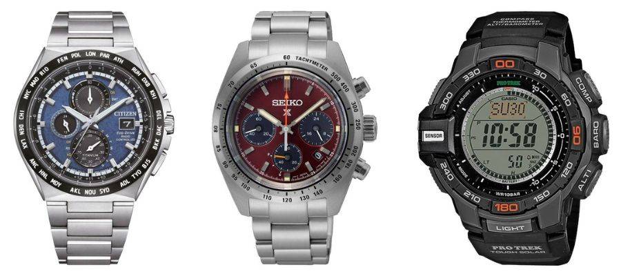 3 montres solaires Citizen, Seiko et Casio Pro Trek