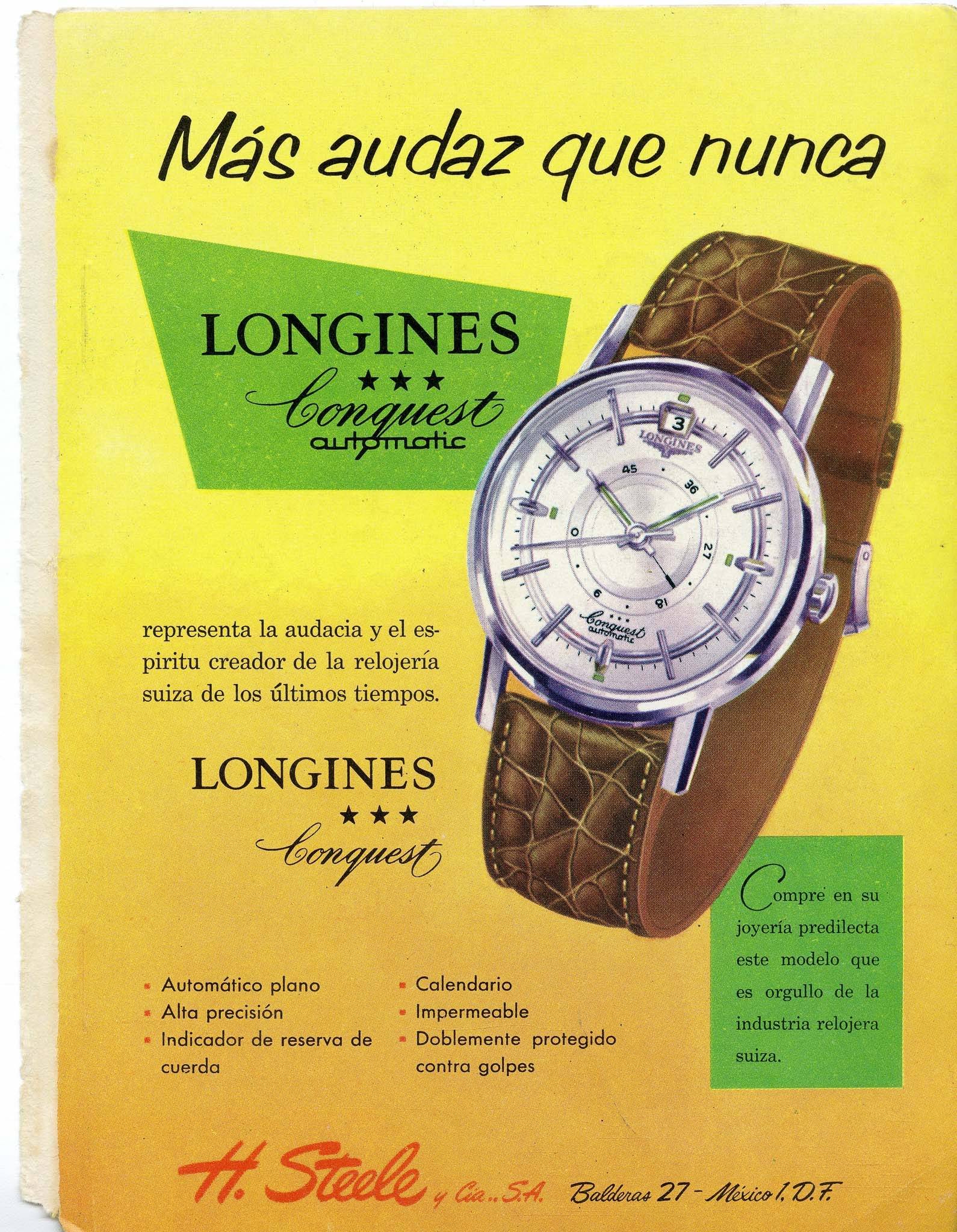 Publicité ancienne mexicaine pour la Longines Conquest à réserve de marche (Source : Les Rhabilleurs)