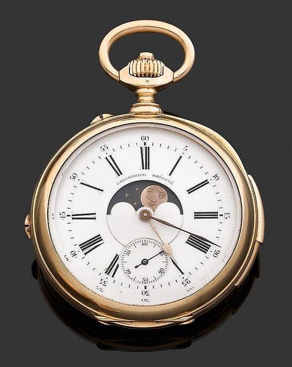 Montre de poche anonyme à sonnerie, calendrier et phase de Lune, circa 1910 (Source : Tajan)