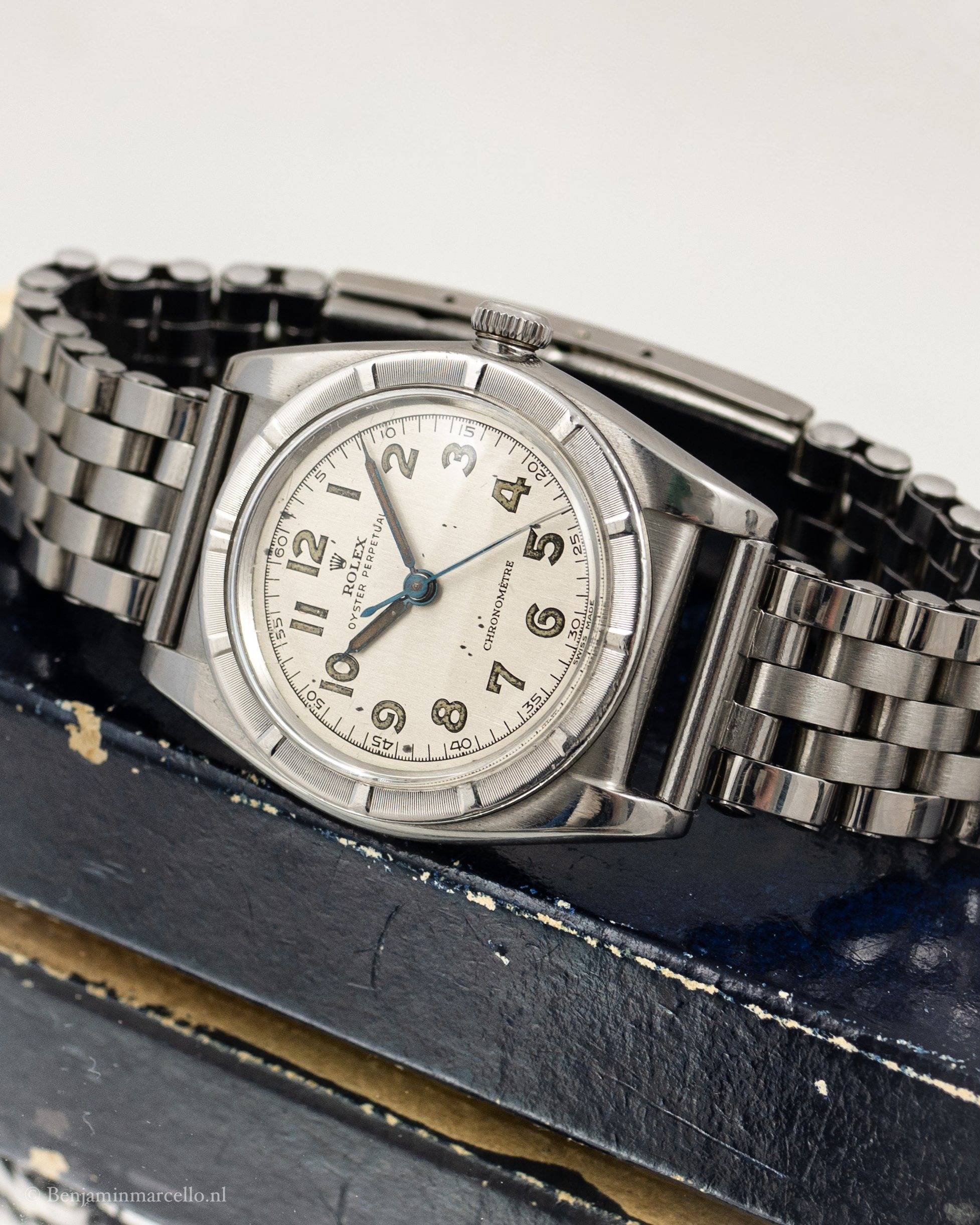 Montre chronomètre Rolex Bubble Back réf. 6050, 1947 (Source : Benjamin Marcello)