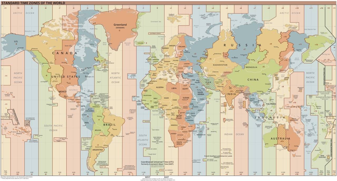Carte des fuseaux horaires mondiaux GMT & UTC (Source : Wikimedia)
