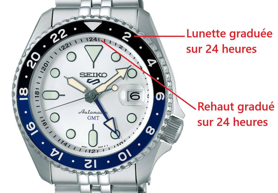 Montre GMT avec deux graduations sur 24 heures