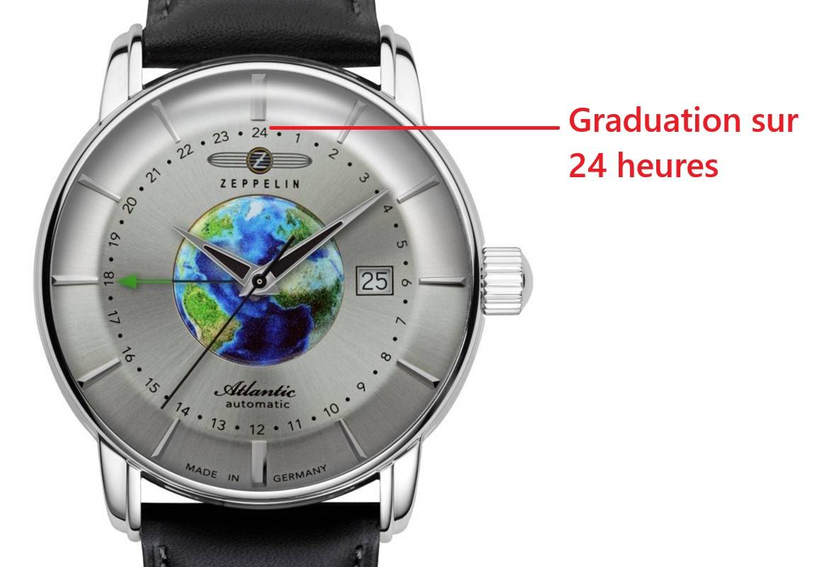 Montre GMT, sans lunette GMT, avec graduation sur le cadran