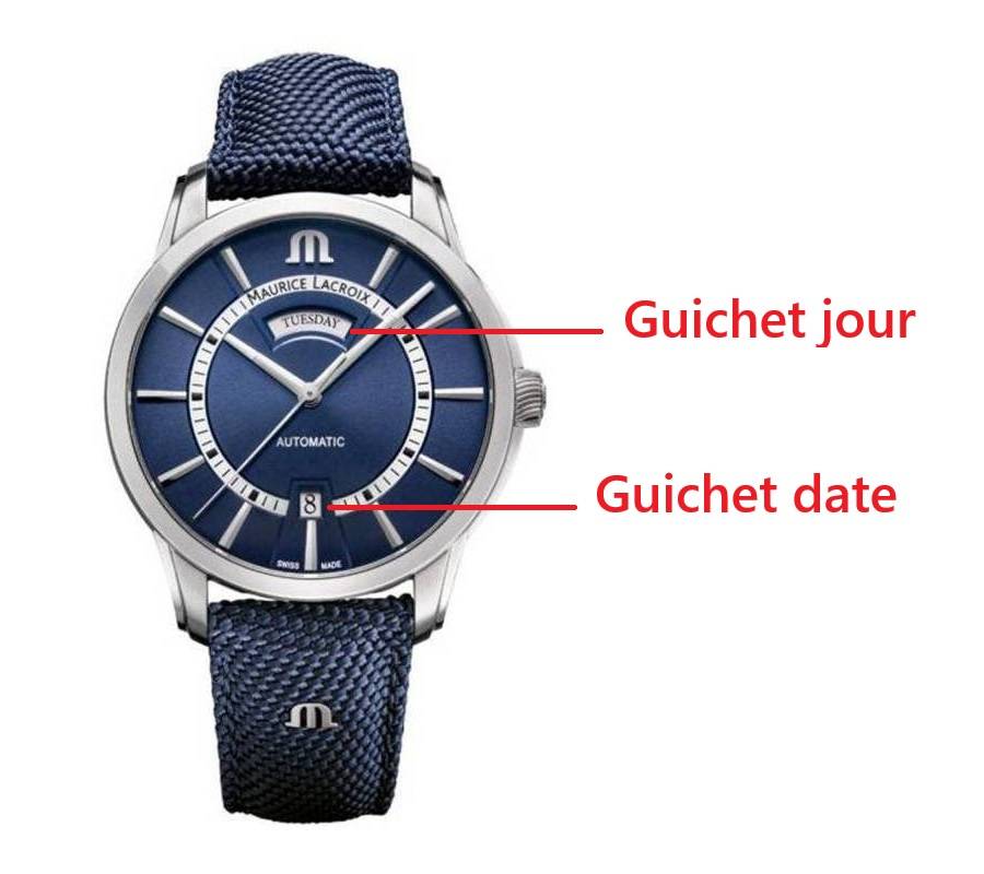Les 2 guichets d'une montre à complication jour-date