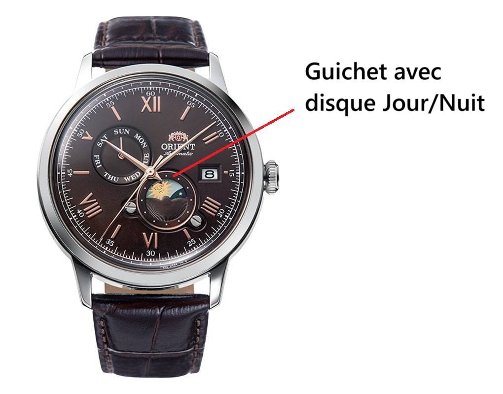 Positionnement du guichet Jour/Nuit sur une montre Orient