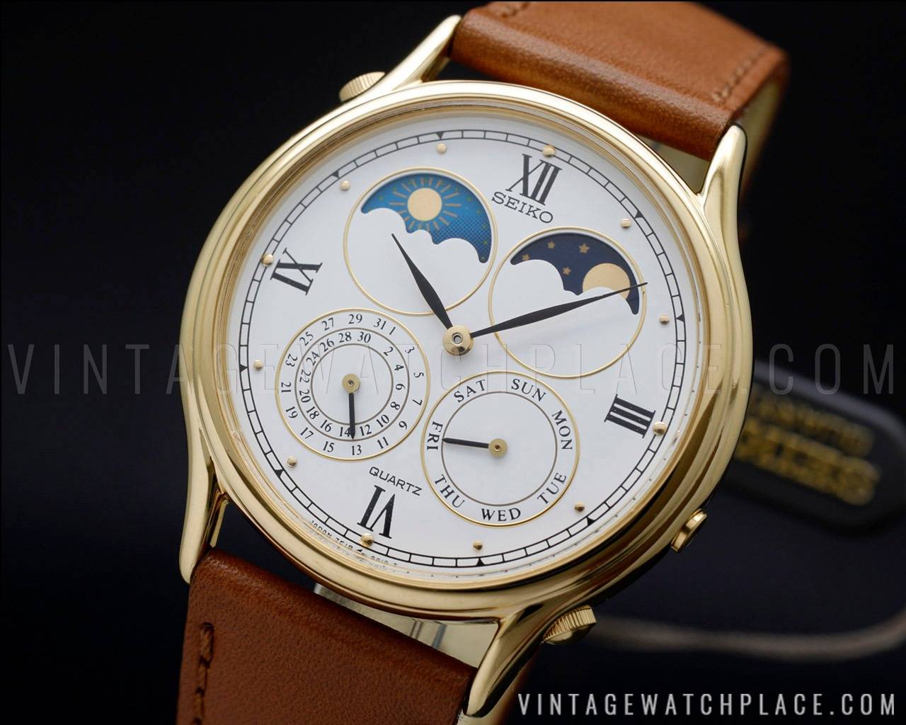 Seiko quartz avec indicateur jour/nuit et phases de Lune, 1889 (Source : Vintage Watch Place)
