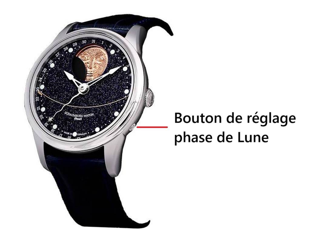 Bouton de réglage de la complication phase de Lune sur une montre Schaumburg Watch