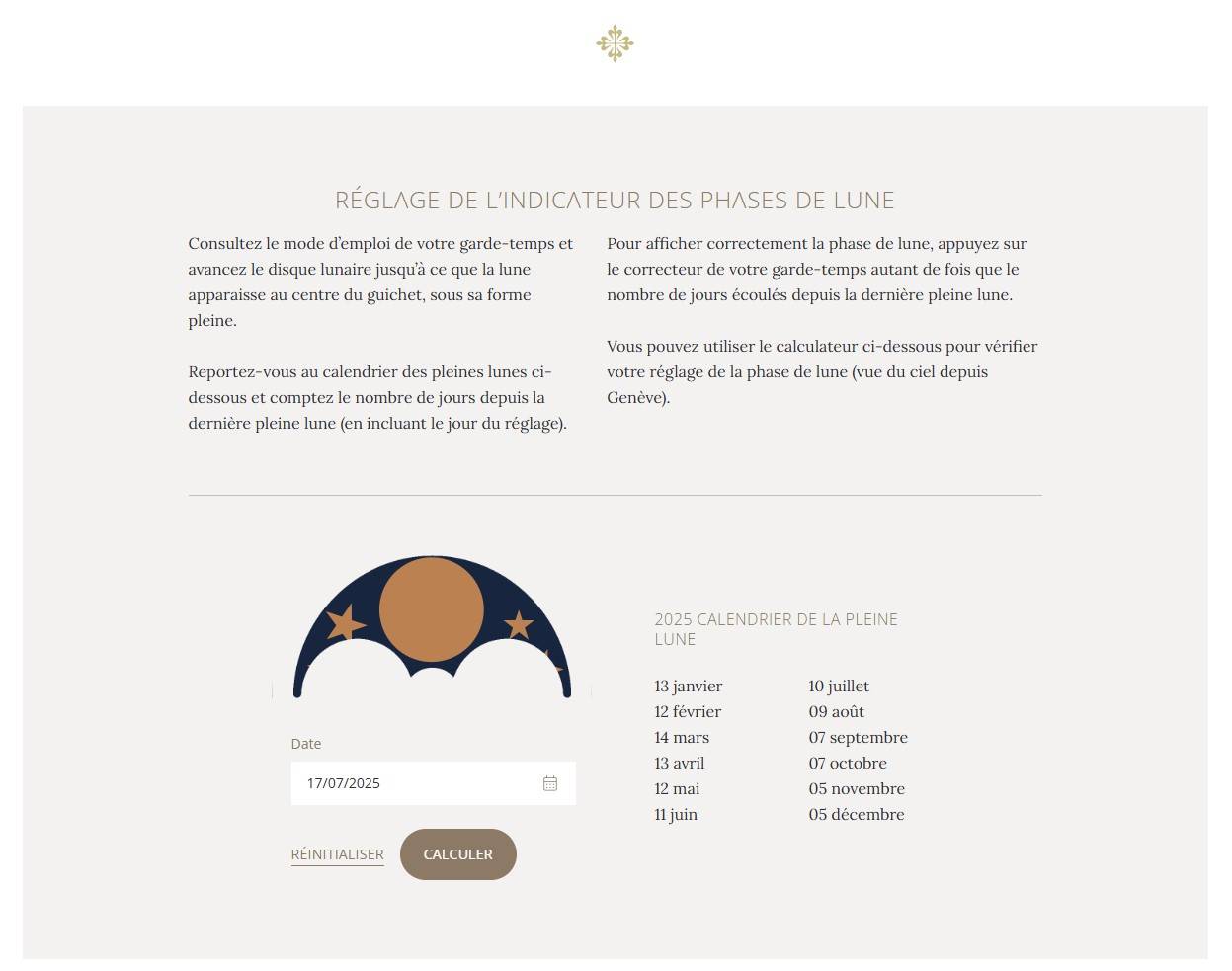 Calculateur de phase de Lune, site Patek Philippe
