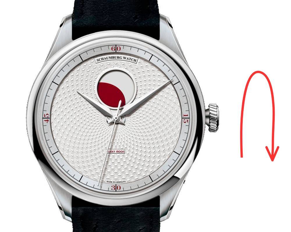 Réglage de la complication phase de Lune via la couronne sur une montre Schaumburg Watch