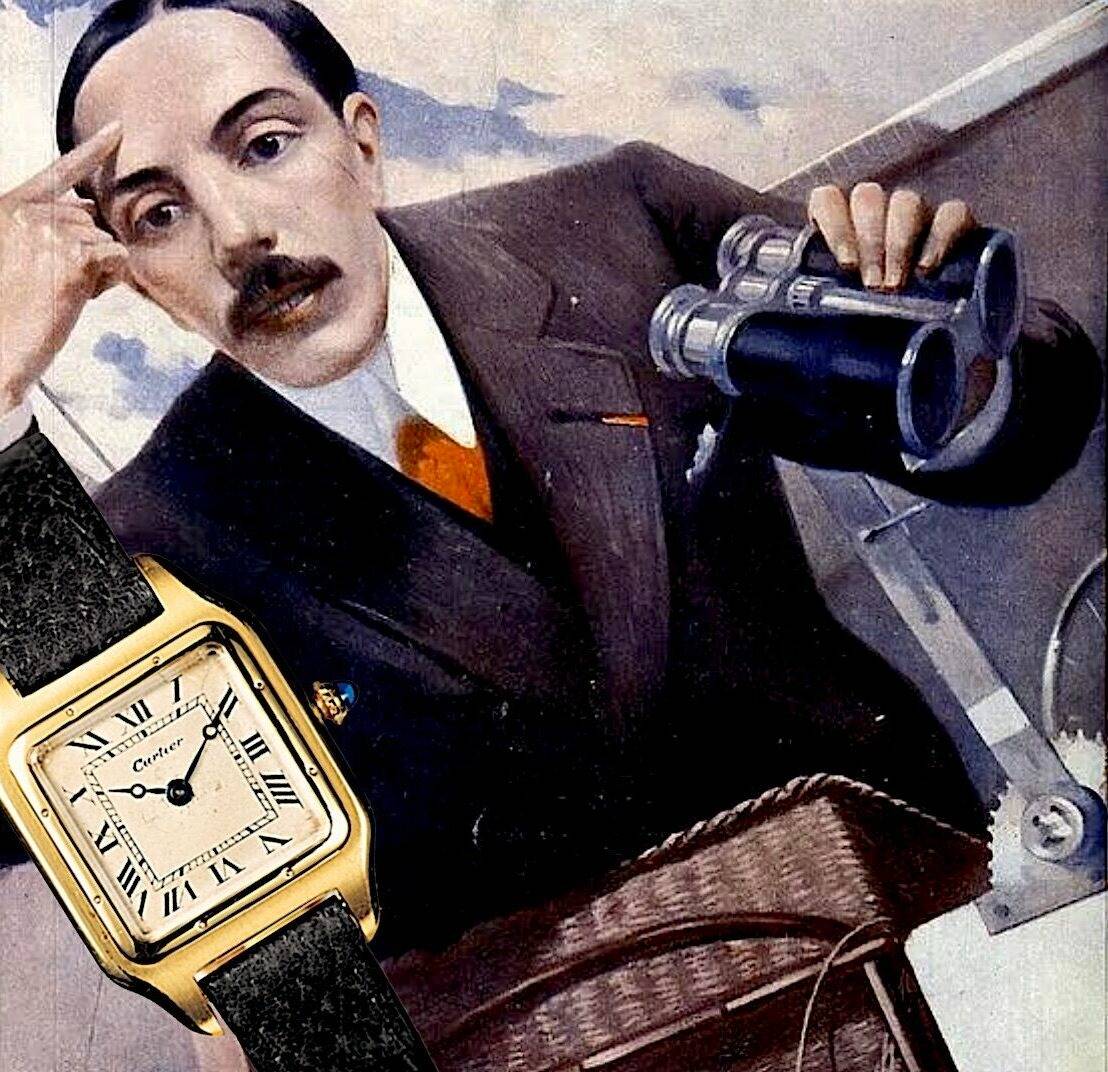Illustration d'Alberto Santos-Dumont et de sa montre Cartier (Source : TimeOver)