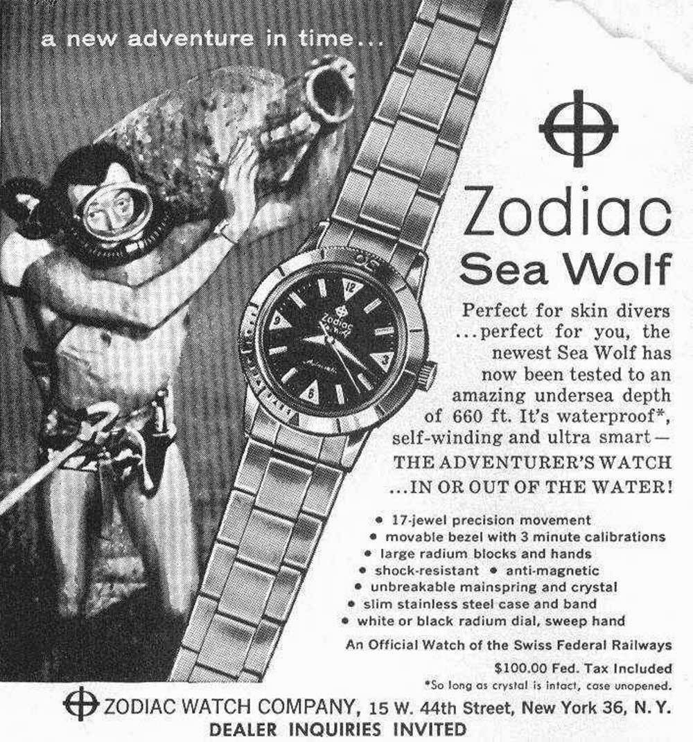 Publicité ancienne pour montre Zodiac Sea Wolf, circa 1953 (Source : Revolution Watch)