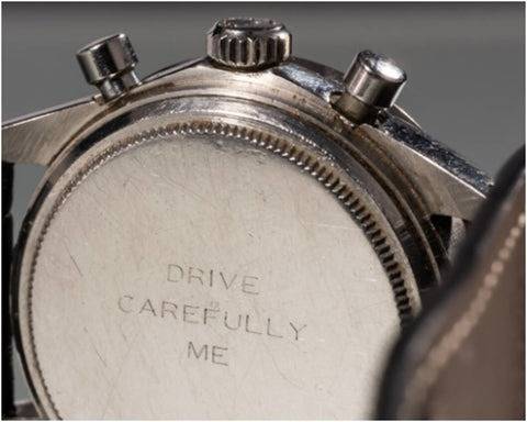 Gravure « DRIVE CAREFULLY ME » sur Rolex Daytona de Paul Newman (Source : Retour en Vol)