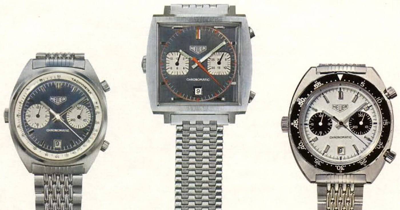 Montres Heuer Carrera, Monaco et Autavia, circa 1969 (Source : Hodinkee)